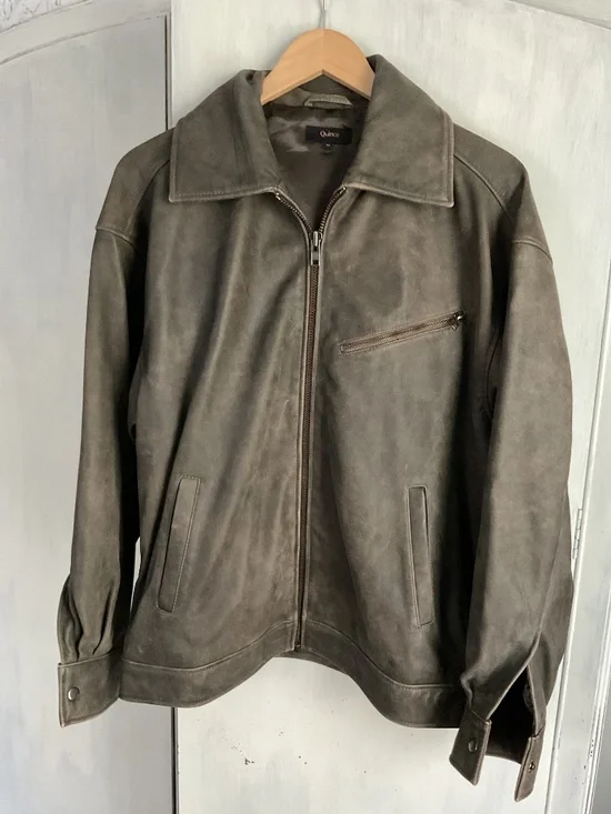 Quince Women's 100% Leather Oversized Bomber Jacket Distressed Brown M - Picture 2 of 5